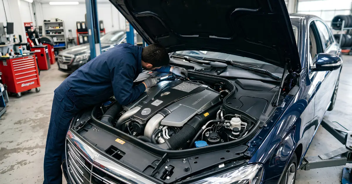 Certified inspector performing an engine diagnostic check during a pre-purchase inspection in Dubai